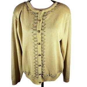 Vintage‎ DRESS BARN Gold Metallic Beaded Cardigan Sweater 80s 90s Size Medium